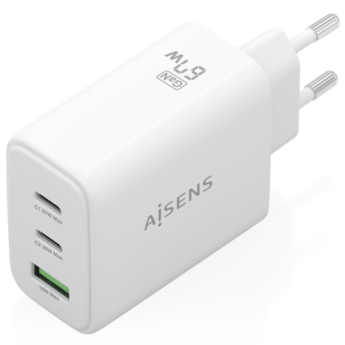 Aisens Cargador de Pared GaN 67W con 2x USB-C y 1x USB-A - Blanco